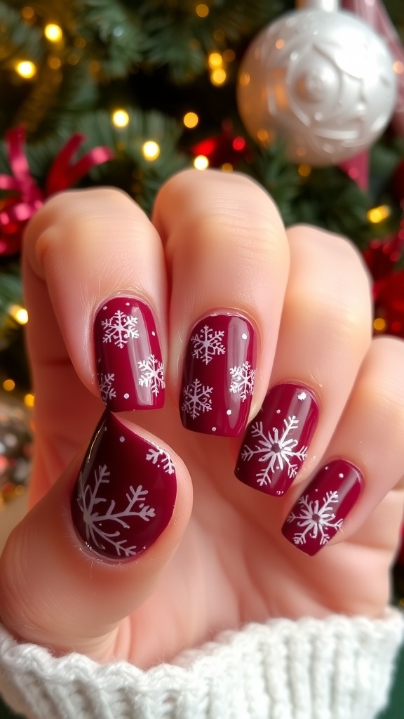 Maroon Christmas nail art with white snowflakes and glitter, set in a festive holiday background.
